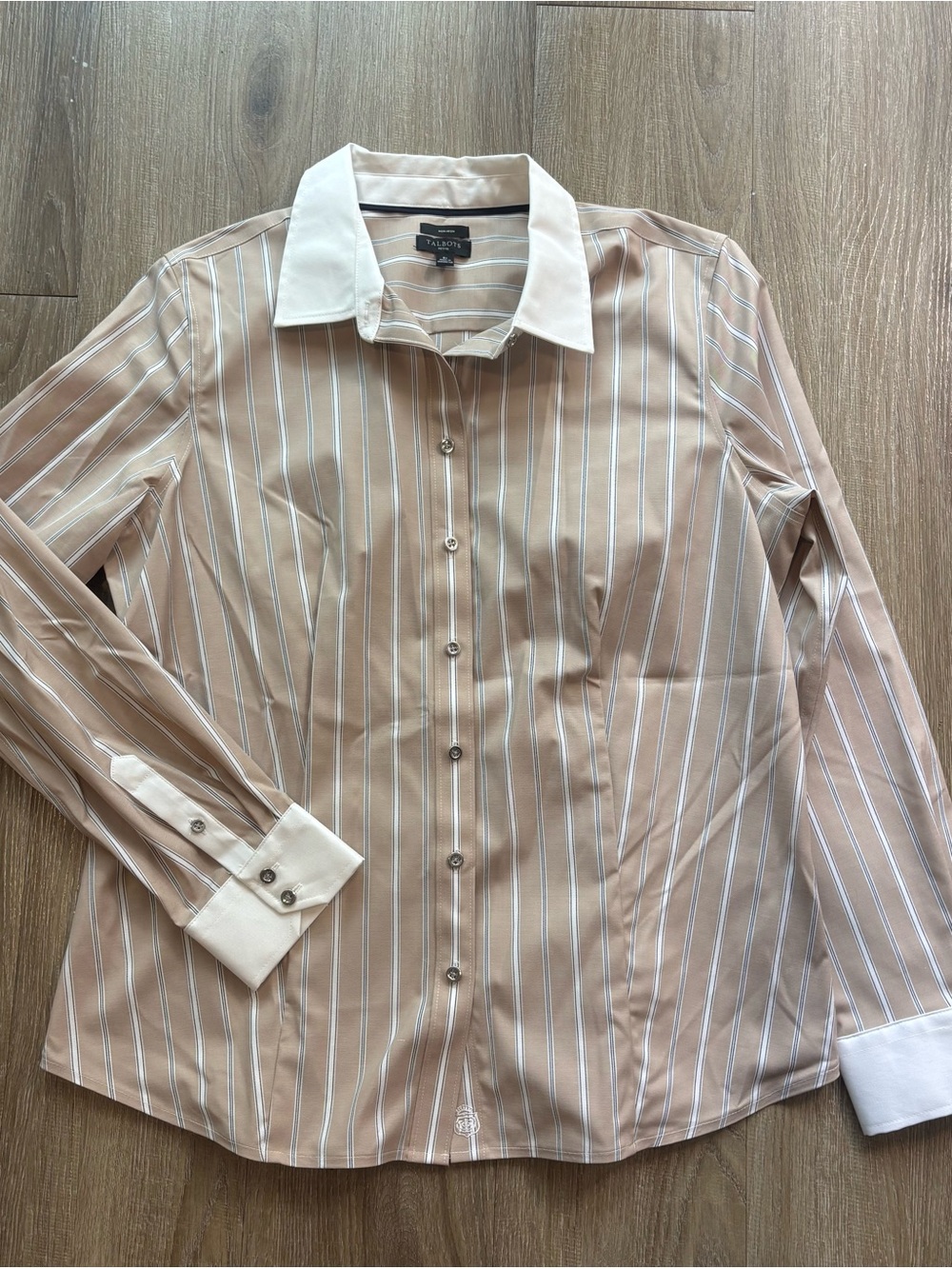 Talbots Cream and Tan Stripe Button-Down Shirt with White Contrast Collar